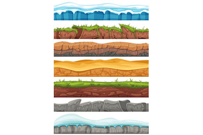 Cartoon seamless grounds. Game background assets of rocks way texture,