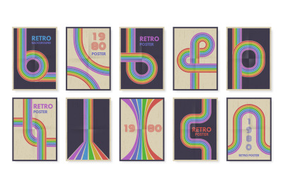 Retro geometric lines posters. Rainbow color path, 80s groovy stripes