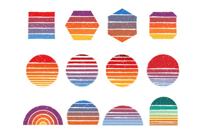 Retro sunsets shapes. Vintage 90s lines, retro stripe grunge gradient