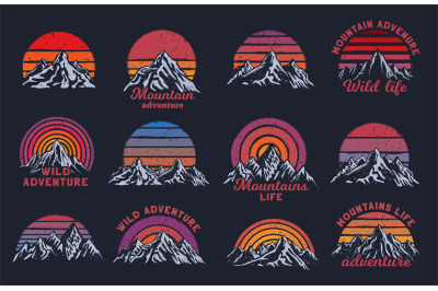 Retro mountains sunset. Mountain peaks with rising sun, wild adventure