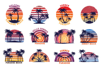 Retro beach sunset. Summer paradise print with grunge 80s striped sun