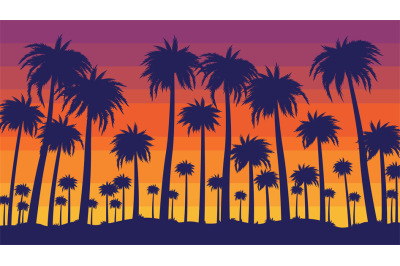 Retro beach sunset. Evening California palm trees, tropical paradise w