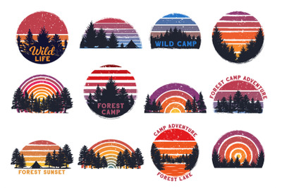 Retro forest sunset. Wild camp, sunrise camping and nature trees w