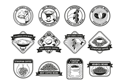 Coffee farm badges. Ethiopian arabica, hand-picked beans and farmers v