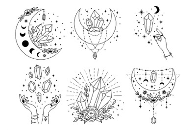 Mystery crystals. Line art celestial gems, moon crystal and mystical b