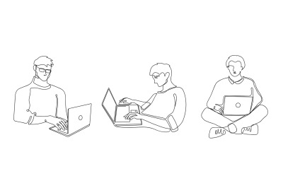 Male with laptop. Freelance remote worker character, man working with