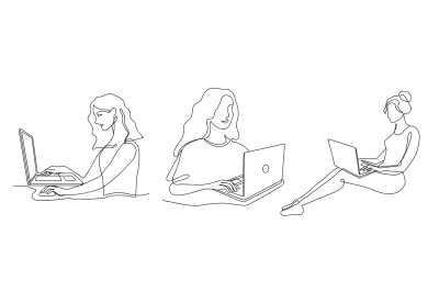 Female with laptop. Continuous line art businesswoman working with not