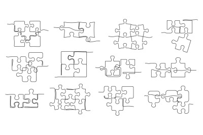 One line puzzle. Solving jigsaw&2C; puzzle pieces connected together and