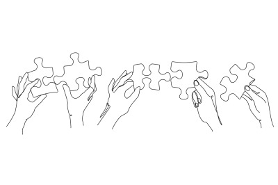 Puzzle pieces in peoples hands. Continuous line art of solution select