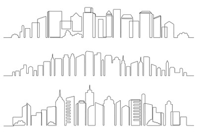 One line city buildings. Downtown architecture skyline, panoramic skys