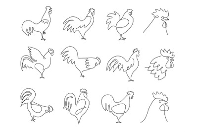 One line roosters. Farm bird silhouette, rooster portrait and hand dra