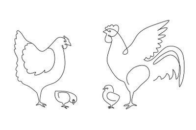 One line chicken family. Rooster, hen and chickens, farm birds continu