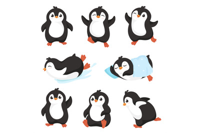 Cute cartoon penguins. Little penguin character with happy smile, aqua