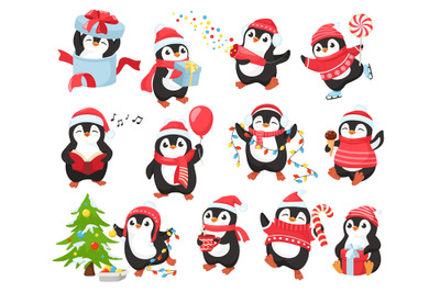 Cute Christmas penguin mascot. Happy penguins characters celebrate New