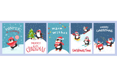 Christmas penguin greeting card. Winter is coming, warm wishes and mer