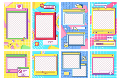 Retro UI post template. Cool 90s aesthetic social media stories frames