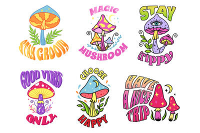 Psychedelic mushroom slogans. Stay groovy and trippy print, 70s good v