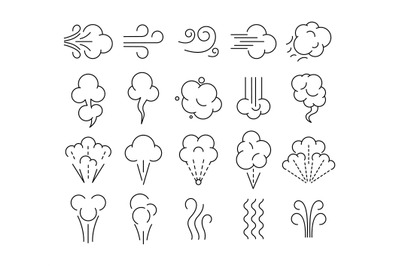 Smell icons. Wind flow, breathe aroma and puff cloud line art symbols.