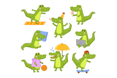 Cute cartoon crocodile. Aligator mascot in different activities, funny