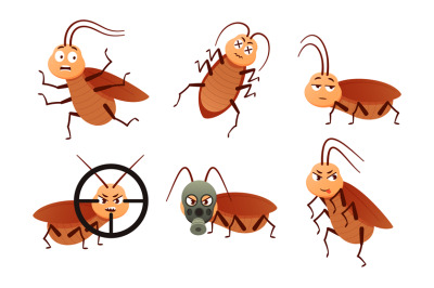 Cockroach character. Roach insects, bugs control mascot and brown para