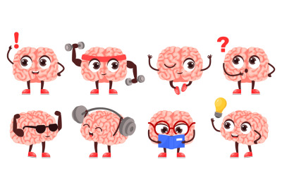 Brain mascot. Smart and strong character do sport exercises, read educ