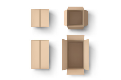 Realistic brown box. Open and close parcel&2C; cardboard packaging and de