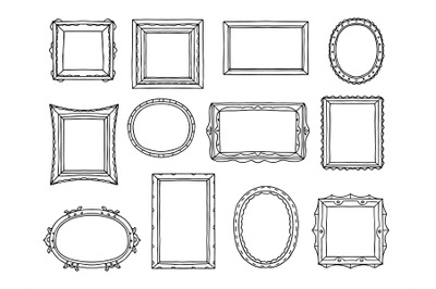 Hand drawn picture borders. Sketch photo frame, rectangular and round