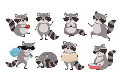 Raccoon mascot. Funny thief coon, mammal animal character and cute lit