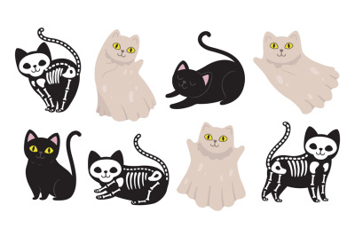 Cute black cat. Dead kitten&2C; funny halloween ghost and skeleton in dif