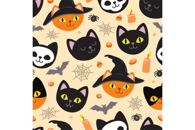 Ghost cat pattern. Spooky halloween kittens faces&2C; horror animals and