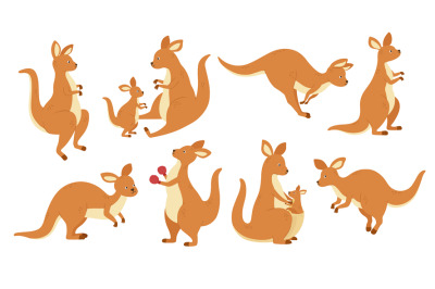 Cartoon kangaroo mascot. Jumping Australian animals, kangaroos in diff