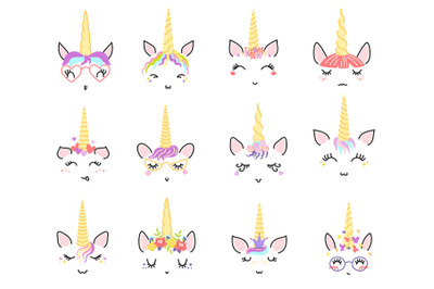 Unicorn faces. Cute pony facial expressions with rainbow hair&2C; beautif