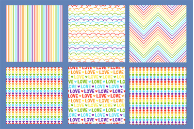 Seamless pride pattern. Rainbow gradient lines, hearts stripes and lov