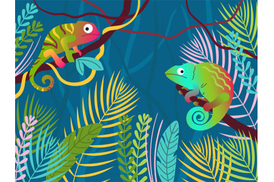 Chameleon forest. Fantasy tropical jungle forest with color lizards, r