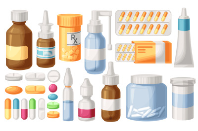 Cartoon medicine. Drug bottles, pharmacy tablets and pills. Sprays, vi