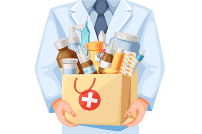 Bag full of medicines. Pharmacist holding medical supplies, medication