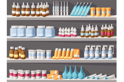 Pharmacy shelves with medicines. Pharmaceuticals&2C; medicine bottles&2C; dr