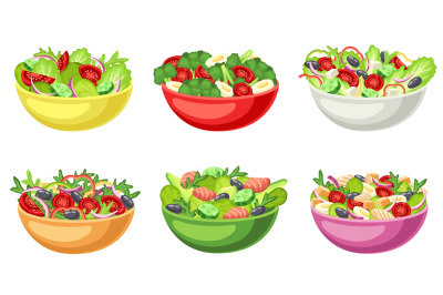 Cartoon salad bowl. Healthy food, chopped raw vegetables and lettuce s