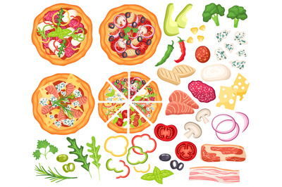 Pizza designer. Ingredients for cooking, sliced vegetables and top vie