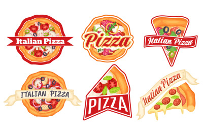 Pizza badges. Italian food restaurant label, pizzeria badge and pizza