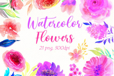 Watercolor Bright Flowers Clipart Bundle | Pink Floral png.