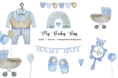 Watercolor Blue Elements Baby Boy Birth Announcement Clipart