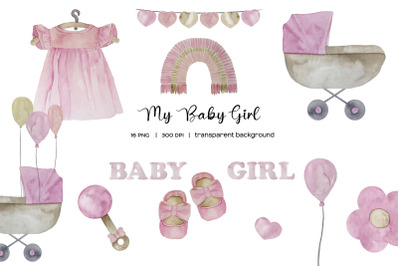 Watercolor Cute Pink Baby Girl Birth Announcement Clipart