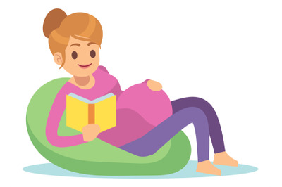 Pregnant woman reading book on couch. Leisure time