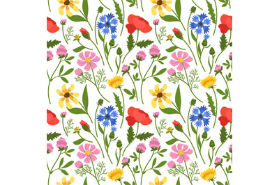 Wild flowers seamless pattern. Repeated meadow botany, beautiful flora