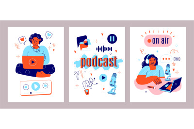 Podcast streaming cards. Bloggers in studio recording, people in headp