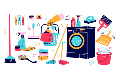 Cartoon cleaning supplies. Different household goods. Washer and bucke