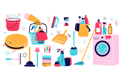 Cleaning supplies icons. Housekeeping objects, washing brushes, bucket