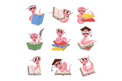 Cartoon book worm. Cute kids intelligent worm mascot in glasses, readi