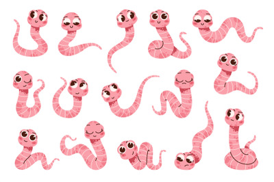 Soil earthworms. Funny garden animals characters, wildlife creatures,